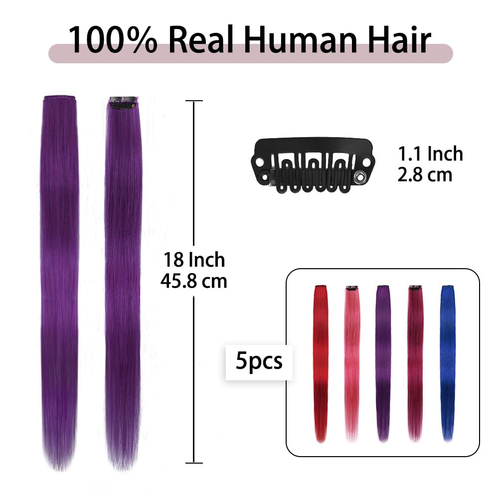 Winsky Colored Clip In Hair Extensions 100% Real Human Hair -Straight Highlights Colored Clip On Hairpieces 5 Pieces/Set (18Inch