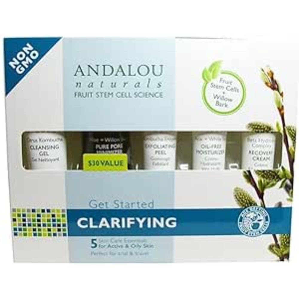 Andalou Naturals Clear Skin Get Started Kit, 5 Piece Set (Cleansing gel, Toner, Mask, Moisturizer, Cream)