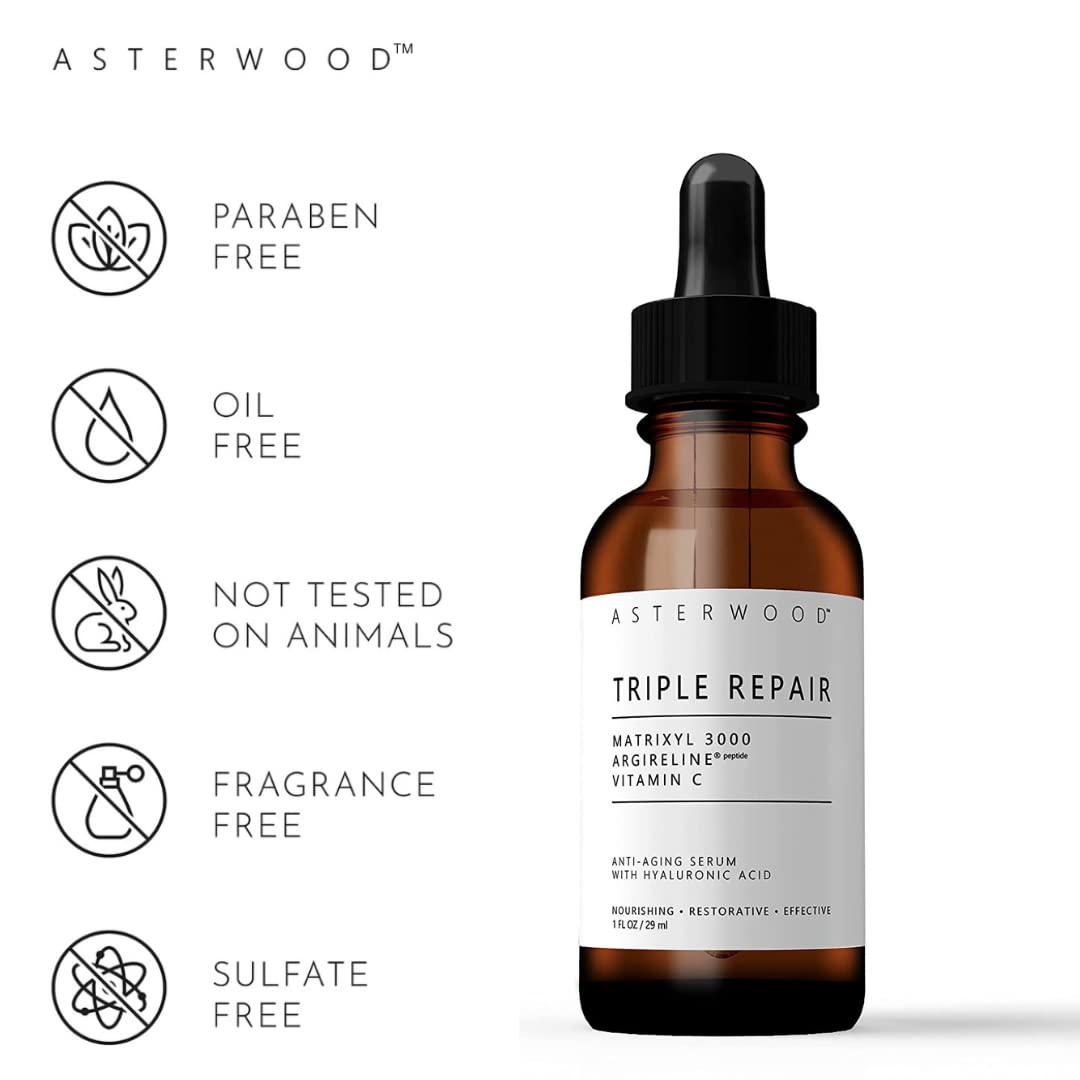Asterwood Triple Repair Matrixyl 3000 + Argireline + Hyaluronic Acid + Organic Vitamin C Serum For Face; Anti-Aging Face Serum,