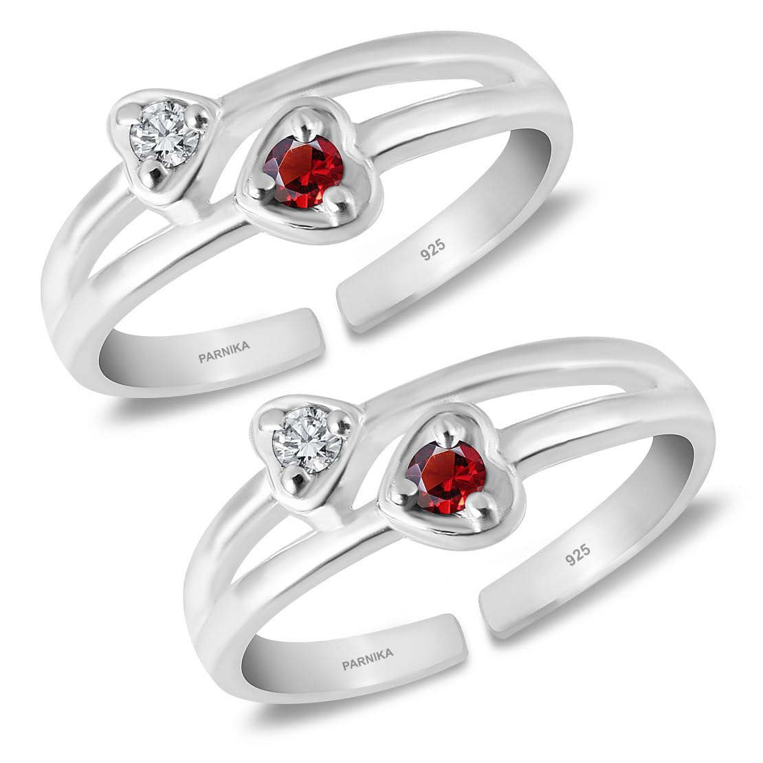 Parnika Twin Hearts Cz Embedded Band Design Hallmark Silver Toe Rings In Pure 92.5 Sterling Silver For Women | Chandi Bichiya | 