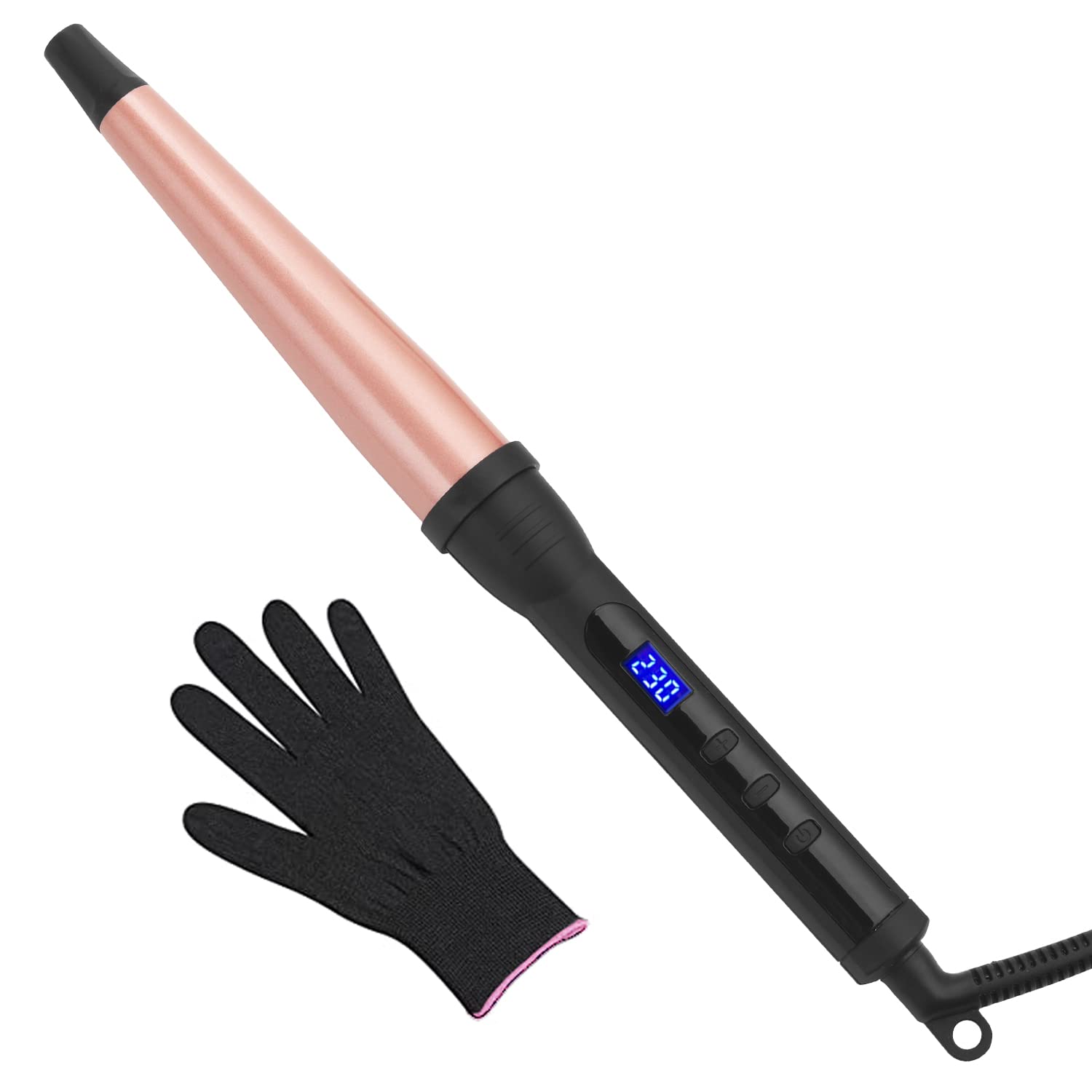Curling Wand, Professional Ceramic 3/4-1 1/4 Inch Tapered Hair Curling Iron, Lcd Display With 14 Heat Setting(100C To 230C), Dua