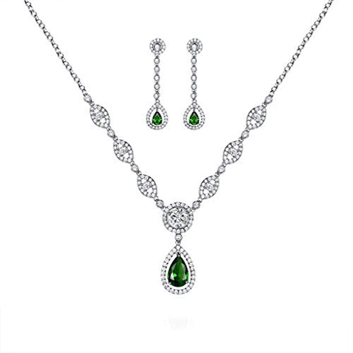 GULICX AAA Cubic Zirconia Women's Party Silver Tone Emerald-Color Jewelry Set Earrings Pendant Necklace
