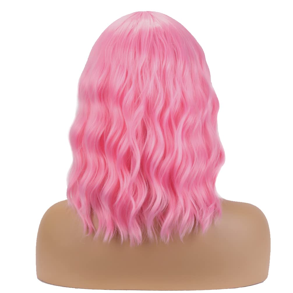 Wthcos Pink Wig Short Curly Wig With Bangs Light Pink Wig For Women Short Wave Wig Synthetic Wigs For Cosplay Costume Party With