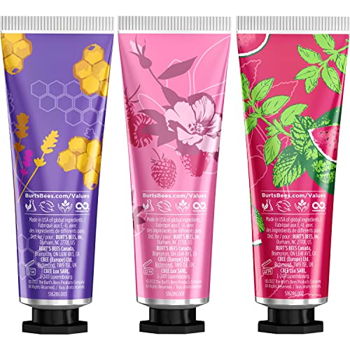 Burts Bees Spring Gift, 3 Moisturizing Self Care Gifts, Shea Butter Hand Cream Trio Spring Set - Lavender & Honey, Wild Rose & B