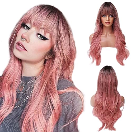 EMMOR Long Ombre Pink Wig for Women - Natural Curly Hair Synthetic Wigs With Bang Dark Root, Party Cosplay Daily Use (2pcs Free 