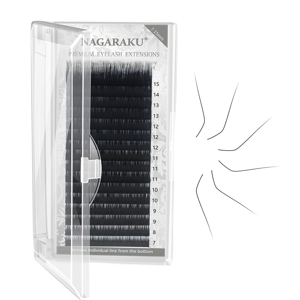 NAGARAKU Eyelash Extension Individual Lashes 0.12 L curl 7-15mm Mix Tray Classic Faux Mink 16 rows Matte Black Soft Natural