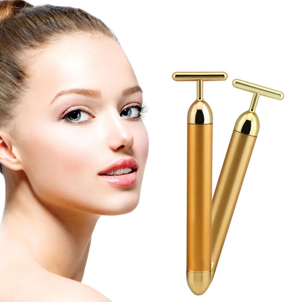Angel Kiss Beauty Bar Energy Face Massager - 24k Golden T-Shape Pulse Electric Vibration Facial Self Skin Care Tool - Birthday V