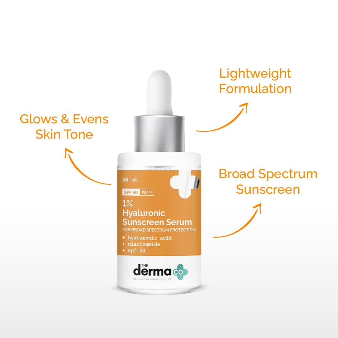 The Derma Co 1% Hyaluronic Acid Sunscreen Serum With Spf 50 & Pa+++ | Gives Broad Spectrum Protection & Helps Skin Glow | Lightw