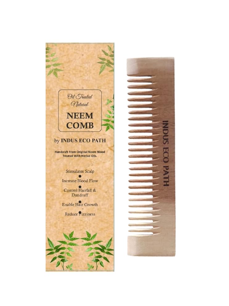 Indus Eco Path Precision AntiDandruff Pocket Comb  Fine Tooth Neem Wood Comb for Beard Grooming, Travel, Styling & Flake Contr