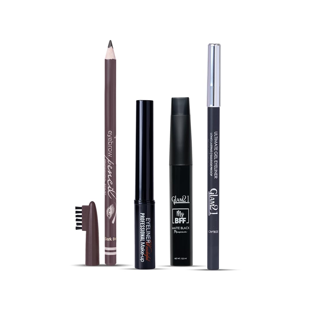 Glam21 Eye Couture Bundle | Eye Makeup Combo With Eye Liner, Mascara, Eyebrow Pencil & Kajal | LongLasting Eye Definition | Pac