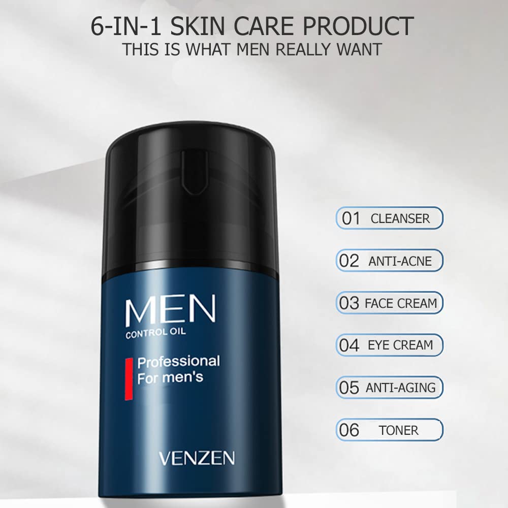 VENZEN Men Control Oil Facial Cleanser Cream Moisturizing Dry Skin Purify Smooth Toner Anti-Acne Anti-Aging 50g/1.76oz