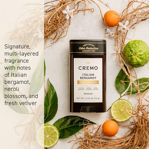 Cremo Italian Bergamot Aluminum Free Deodorant for Men, 48-hour Long Lasting Odor Protection, 2.65oz