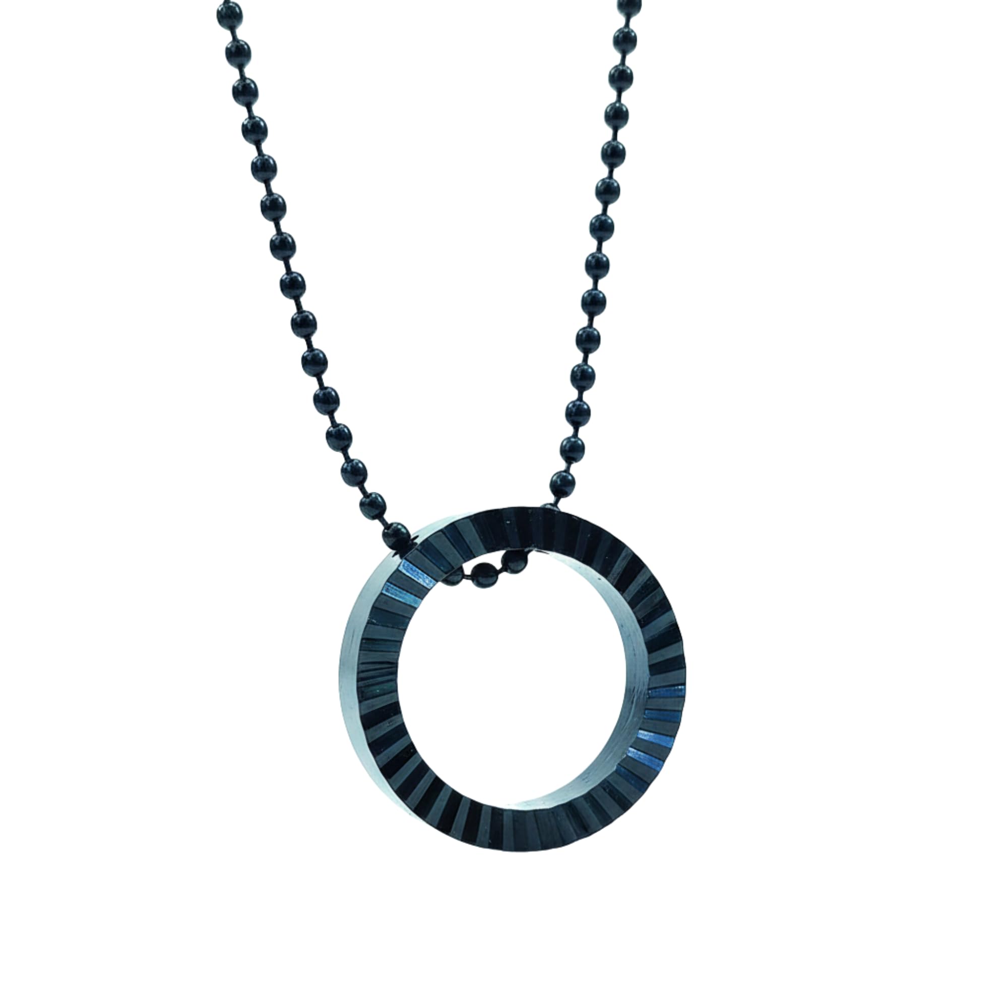 I Jewels SilverTone Circular Ring Pendant Necklace With Textured Striped Design & Beaded Chain (Mjn003B)