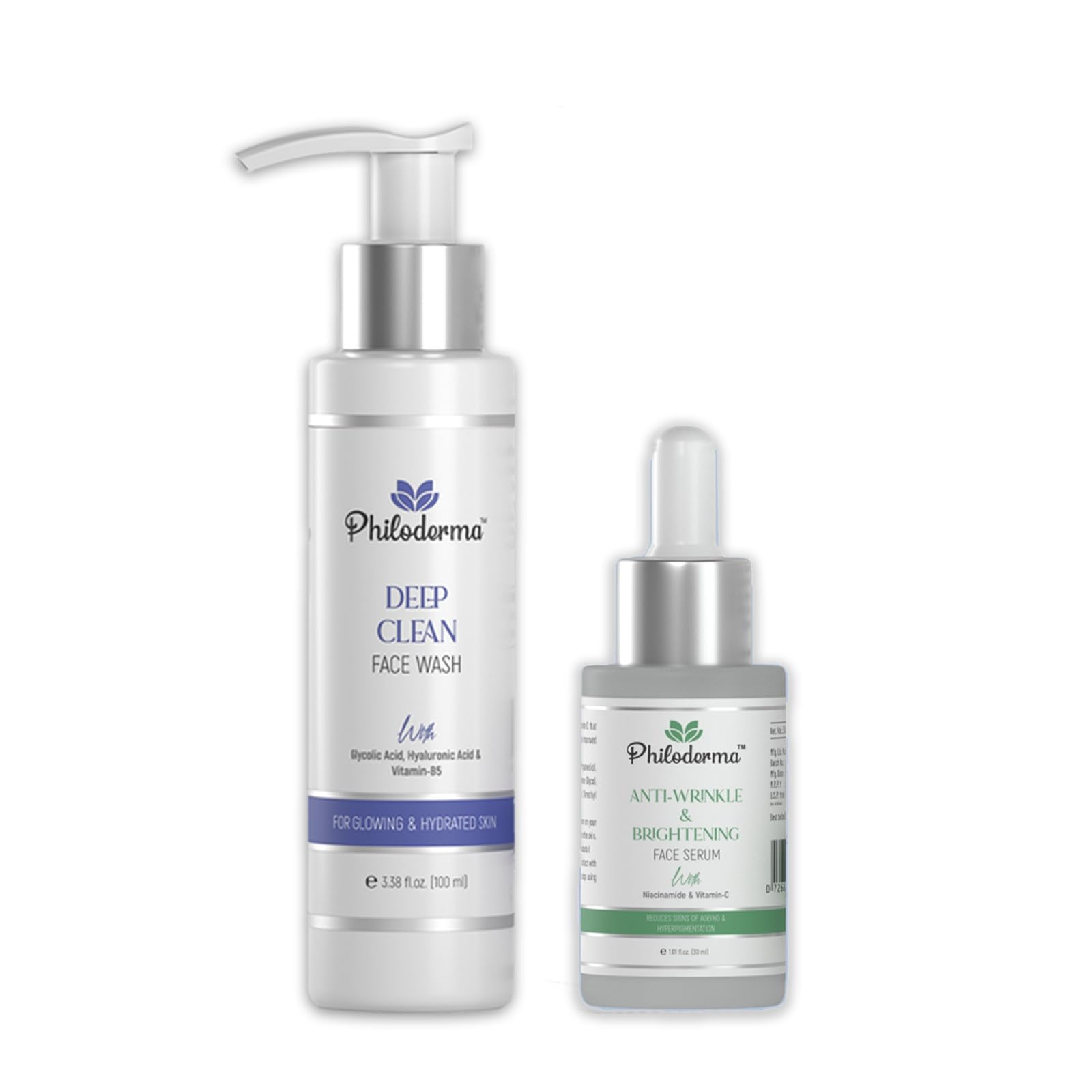 Philoderma Deep Clean Face Wash + AntiWrinkle & Brightening Face Serum | With Glycolic Acid, Hyaluronic Acid & VitaminB5 + Nia