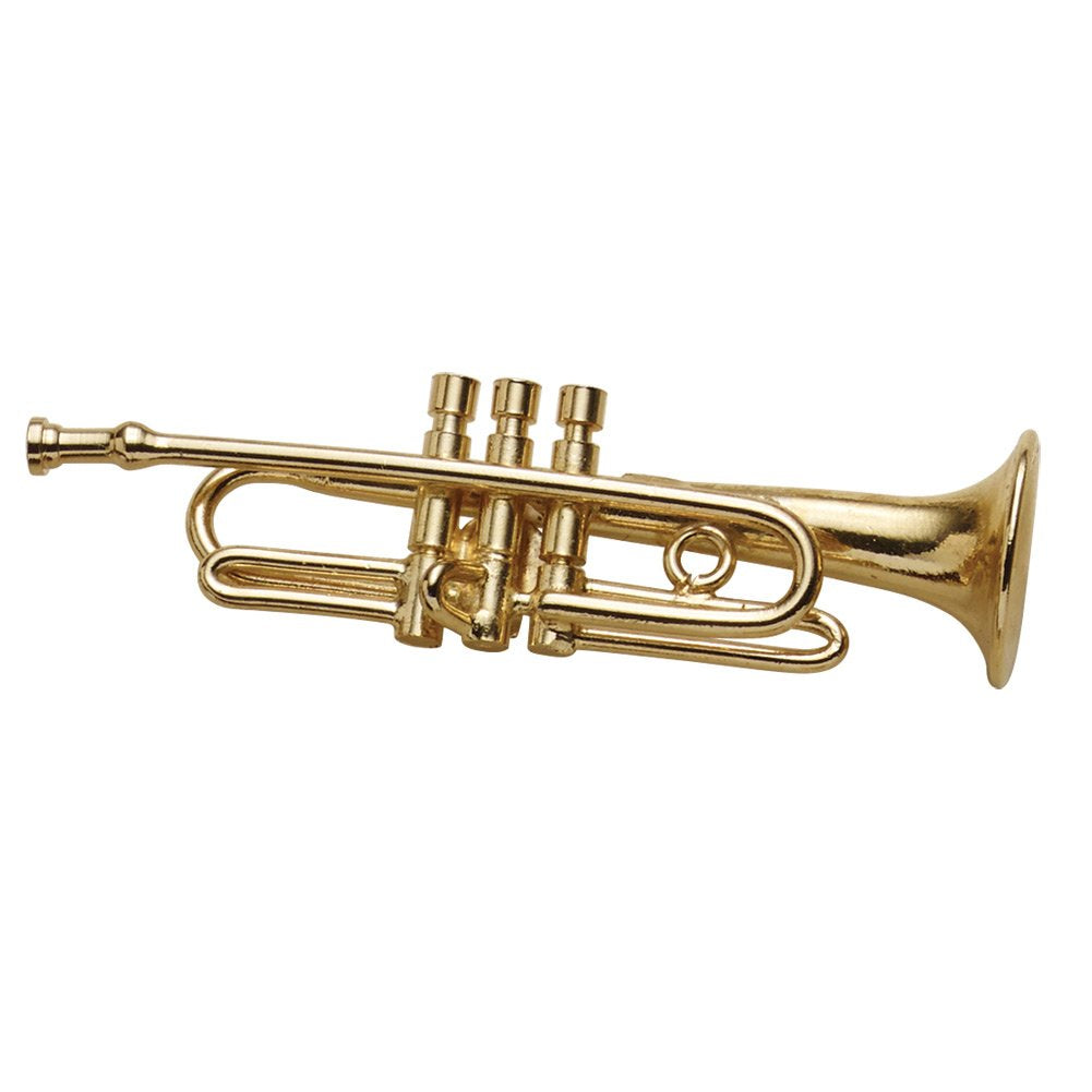 Broadway Gift Co. Miniature Goldtone Trumpet 2 Inch Brass Fashion Lapel Brooch Pin with Red Velvet Lined Instrument Case