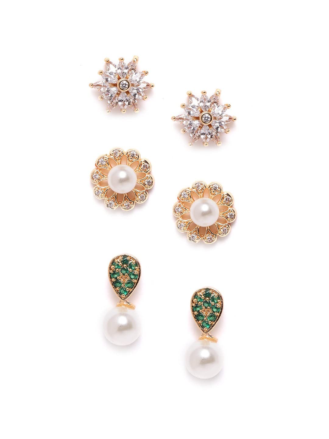 Zaveri Pearls Combo Of 3 Cubic Zirconia Diamonds & Pearls Contemporary Stud Earrings For WomenZpfk9746