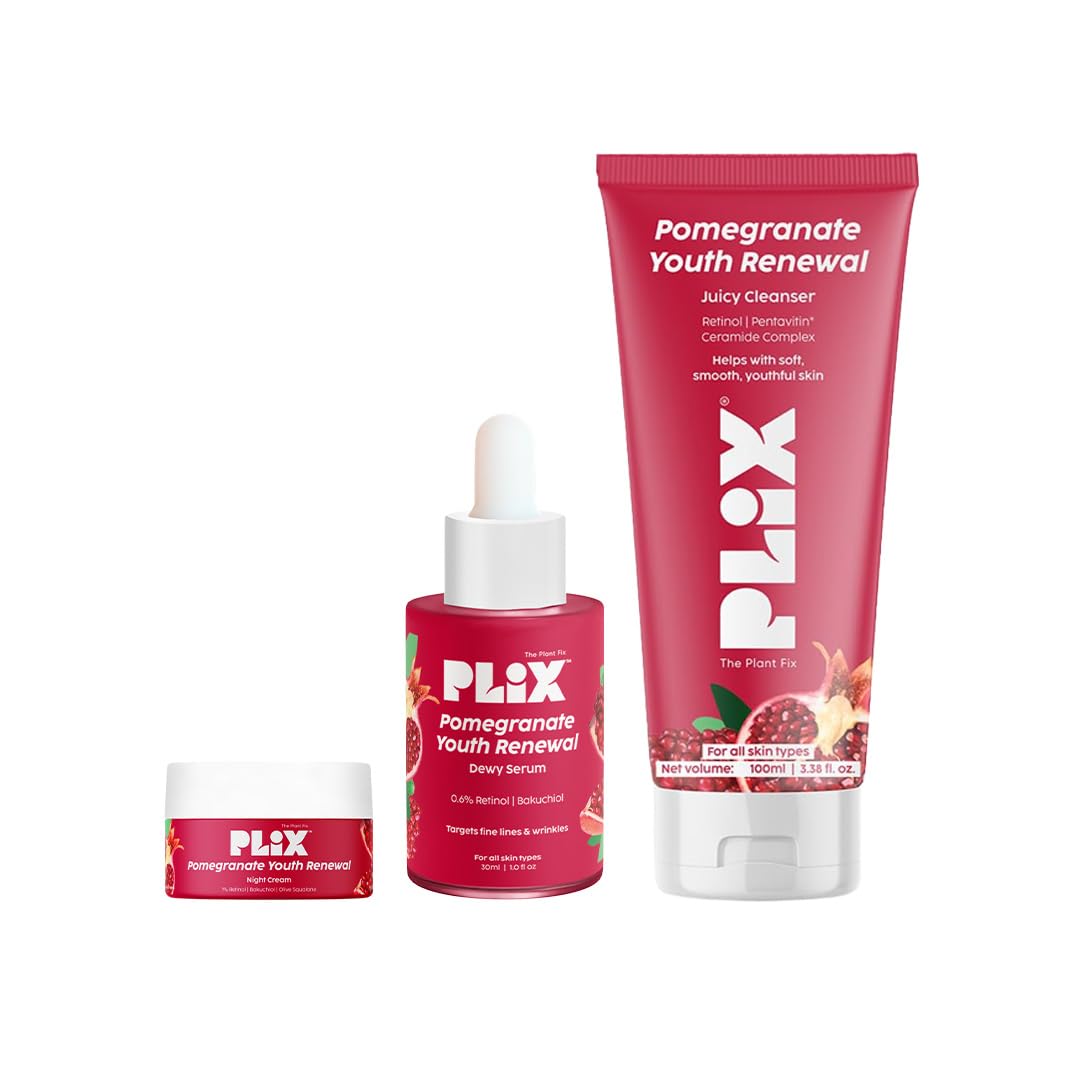 Plix Pomegranate Youth Renewal Night Care Combo With Juicy Cleanser, Youth Renewal Serum & Retinol Night Cream | Fine Lines, Wri