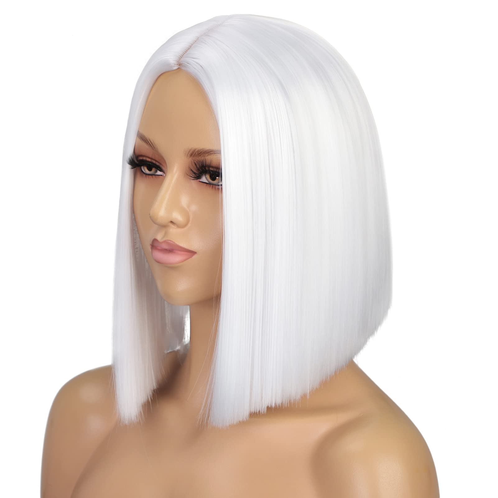 Entranced Styles White Wig Short Bob Wigs For Women 12Inch Heat Resistant Middle Part Straight Synthetic Wig Party Costume Hallo