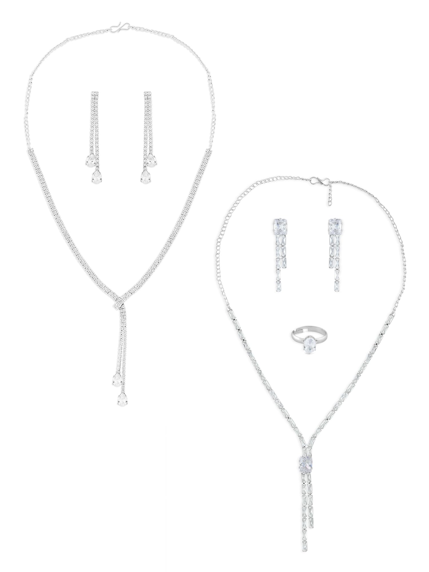 Zaveri Pearls Set Of 2 Silver Tone Dazzling Diamonds Contemporary Lariat Necklace Earring & Ring Sets For WomenZpfk17979