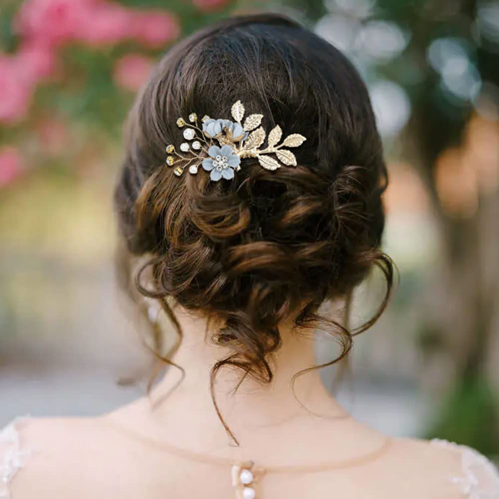 Insowni 20 Pack Classy Dusty Blue Flower Bridal Wedding Hair Side Combs+Floral Hair Pins+Twist Spiral Pearl Hair Pins Clips Piec