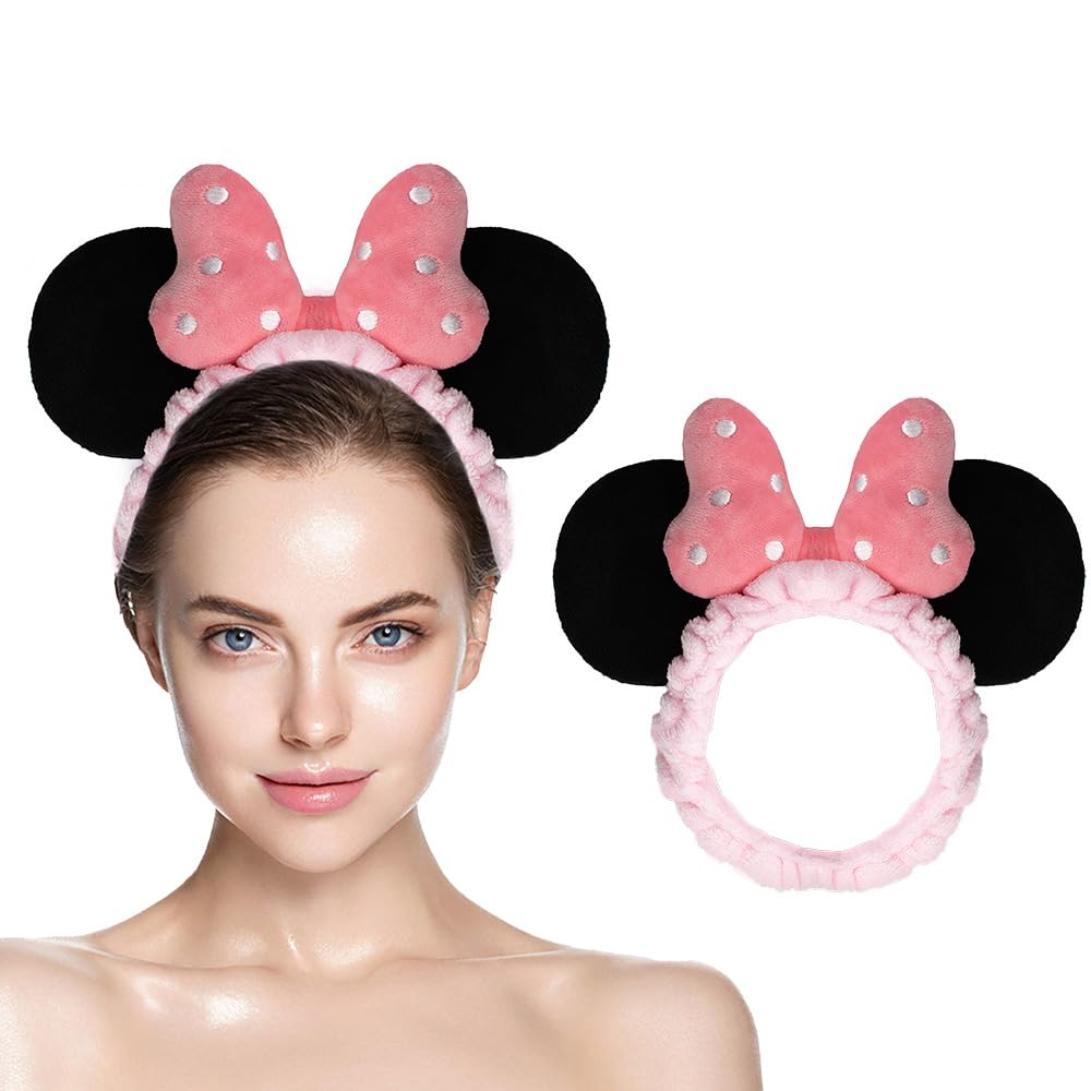 Jiahang Mouse Ears Facial Spa Headbands, Coral Fleece Wash Face Hair Band, Velvet Bow Shower Hair Band For Girls Women Make Up H