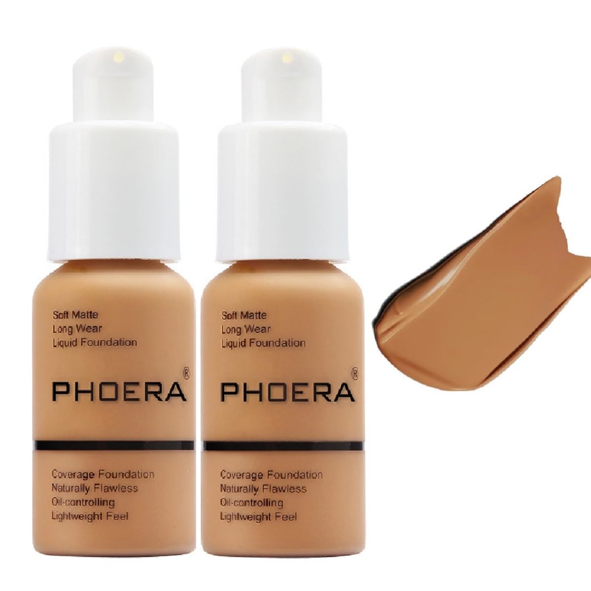 2 Pack Phoera Foundation, Long-Lasting Waterproof Oil Control Concealer Flawless Soft Matte Liquid Foundation.106 - Warm Sun