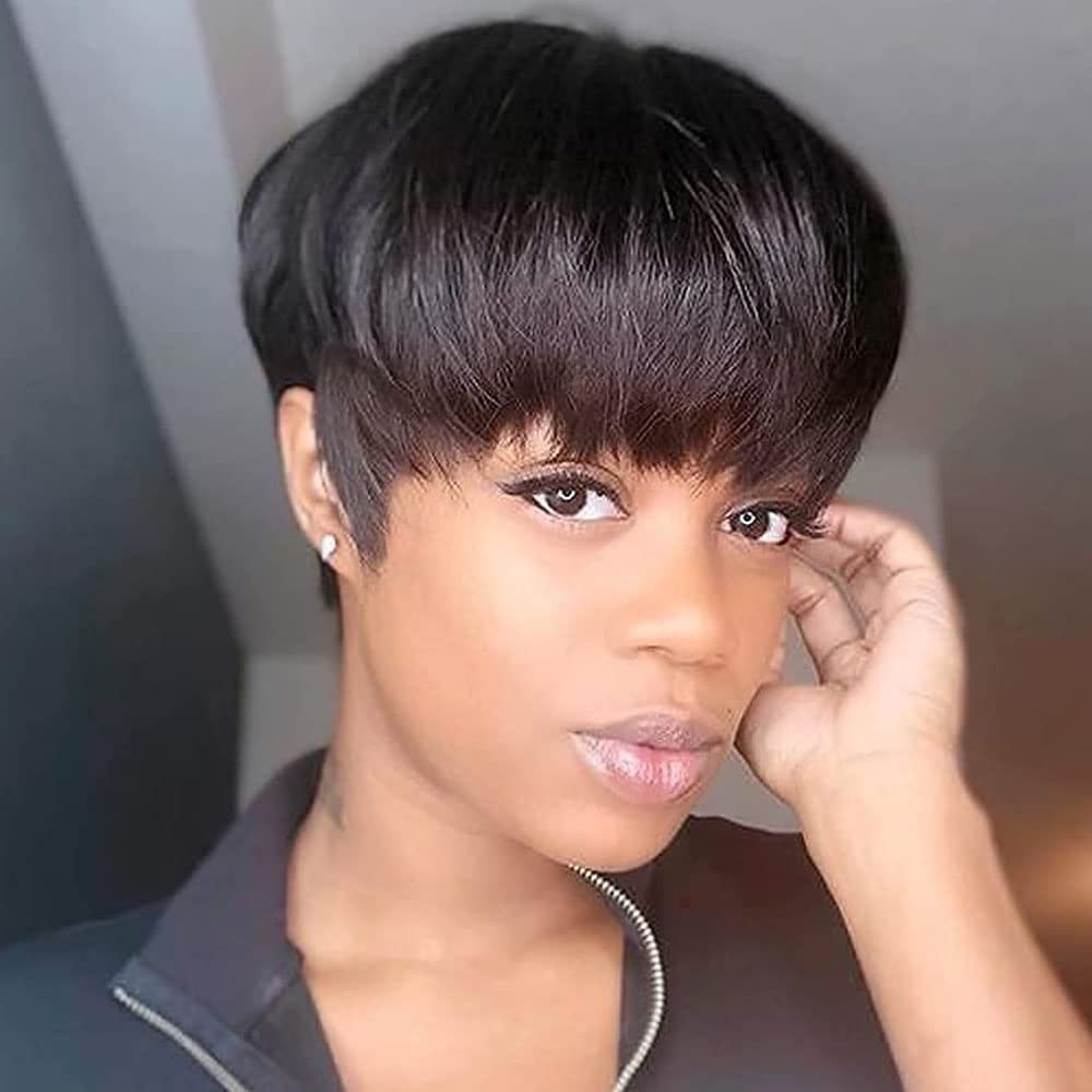 HOTKIS Short Pixie Cut Wig Human Hair Short Wigs Human Hair for Black Women Short Straight Pixie Cut Human Hair Wigs with Neat B