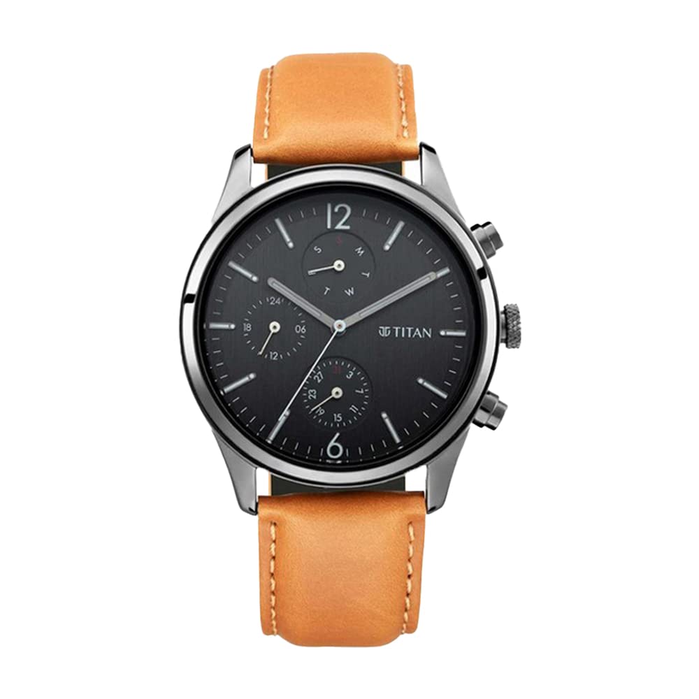 Titan MenS Metropolitan Charm: MenS Multifunctional Black Watch With Leather Strap-Ns1805Nl02, Black, Free Size, Strap