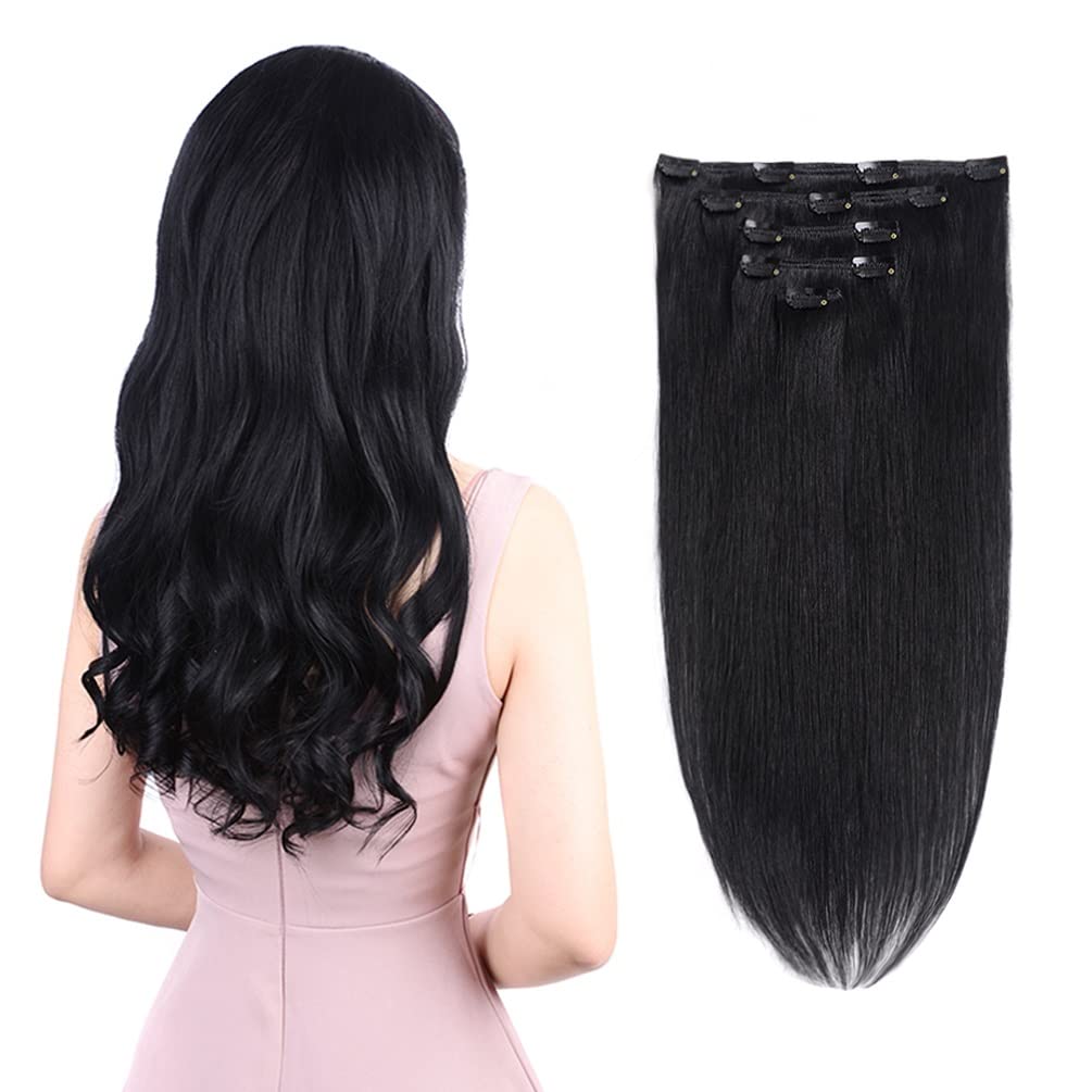 5 Pieces 14'' Remy Clip in Hair Extensions Human Hair Jet Black - Silky Straight Thick Real Hair Extensions for Women (14 inches
