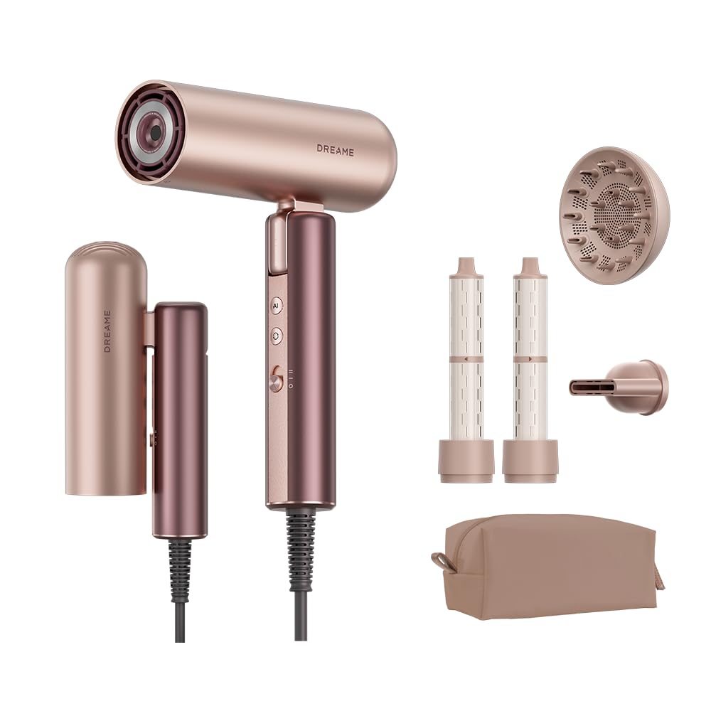 DREAME Pocket Aura Hair Dryer, 110,000RPM HighSpeed Motor, DistanceAware Heat Control, Plasma Ionic Care, Auto Attachment Dete
