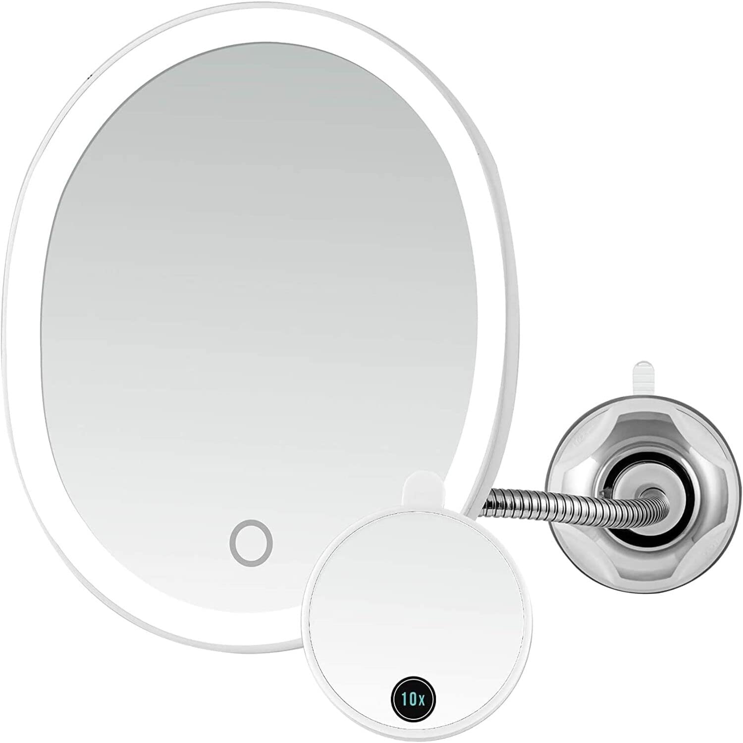 Ovente 8.5'' Lighted Makeup Mirror, Rechargeable Swivel Gooseneck With Attachable Suction Cup Wall Mount,10X Magnetic Mini Magni