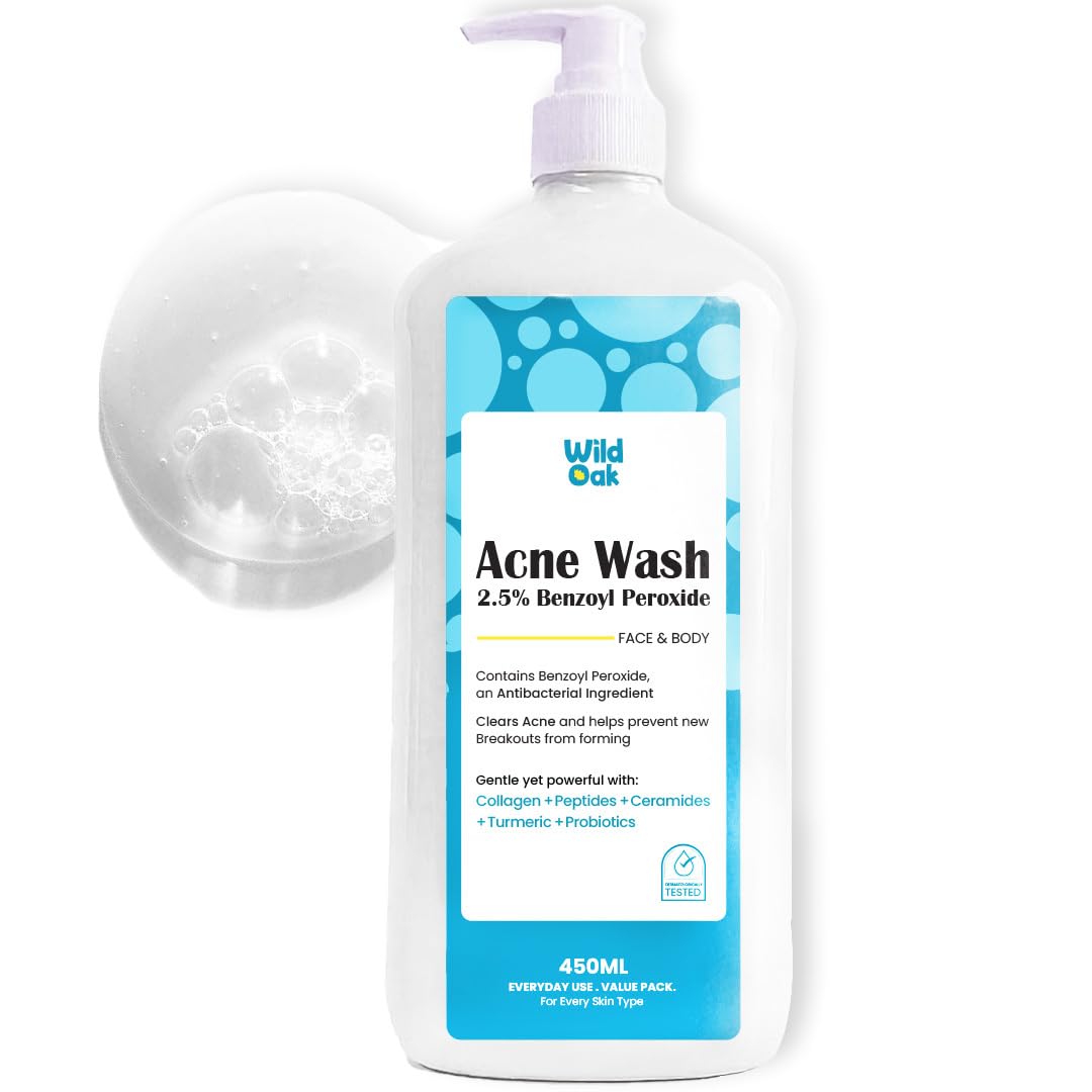 Wildoak 2.5% Benzoyl Peroxide Acne Face Body Wash | 450Ml Value Pack | Kills 99.99% Acne Germs | Fights Severe Bacne | Unclogs P