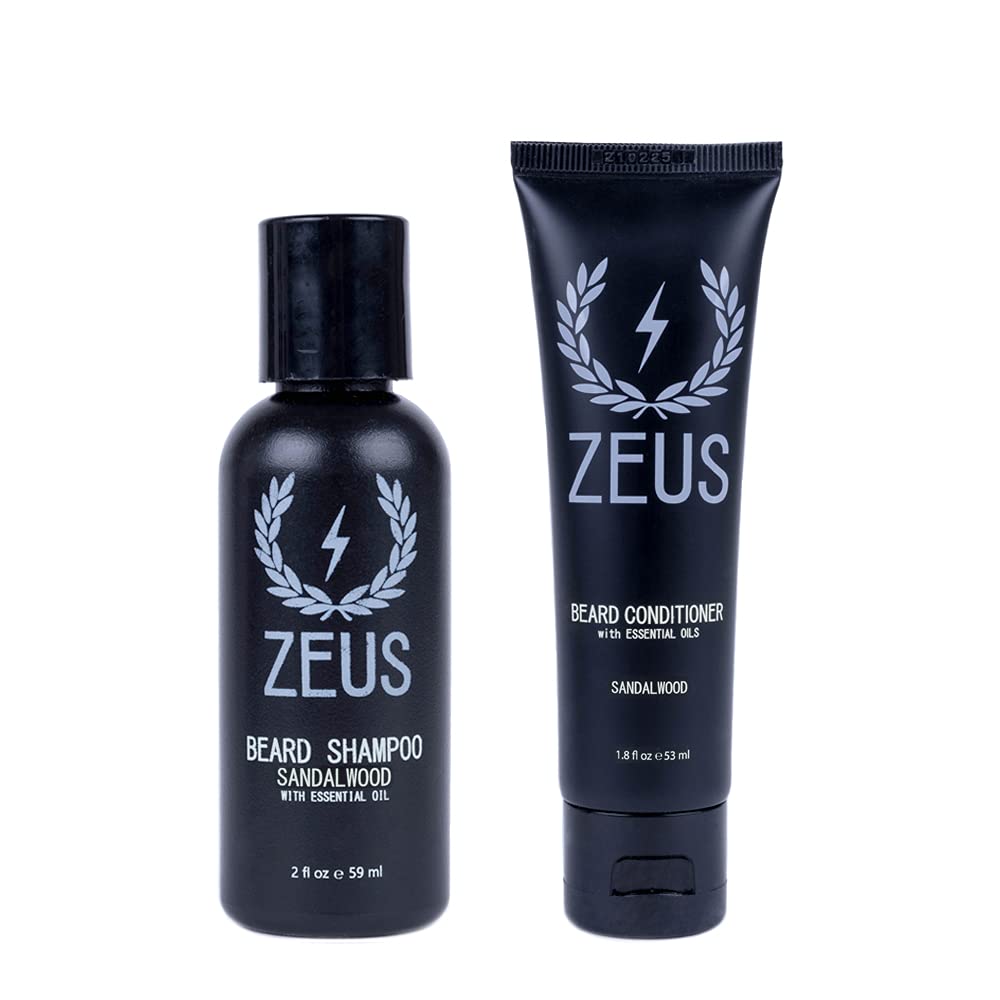 Zeus Travel Size Beard Wash & Beard Conditioner Set For Men - Soften, Hydrates & Moisturizes - Made In Usa (Sandalwood)