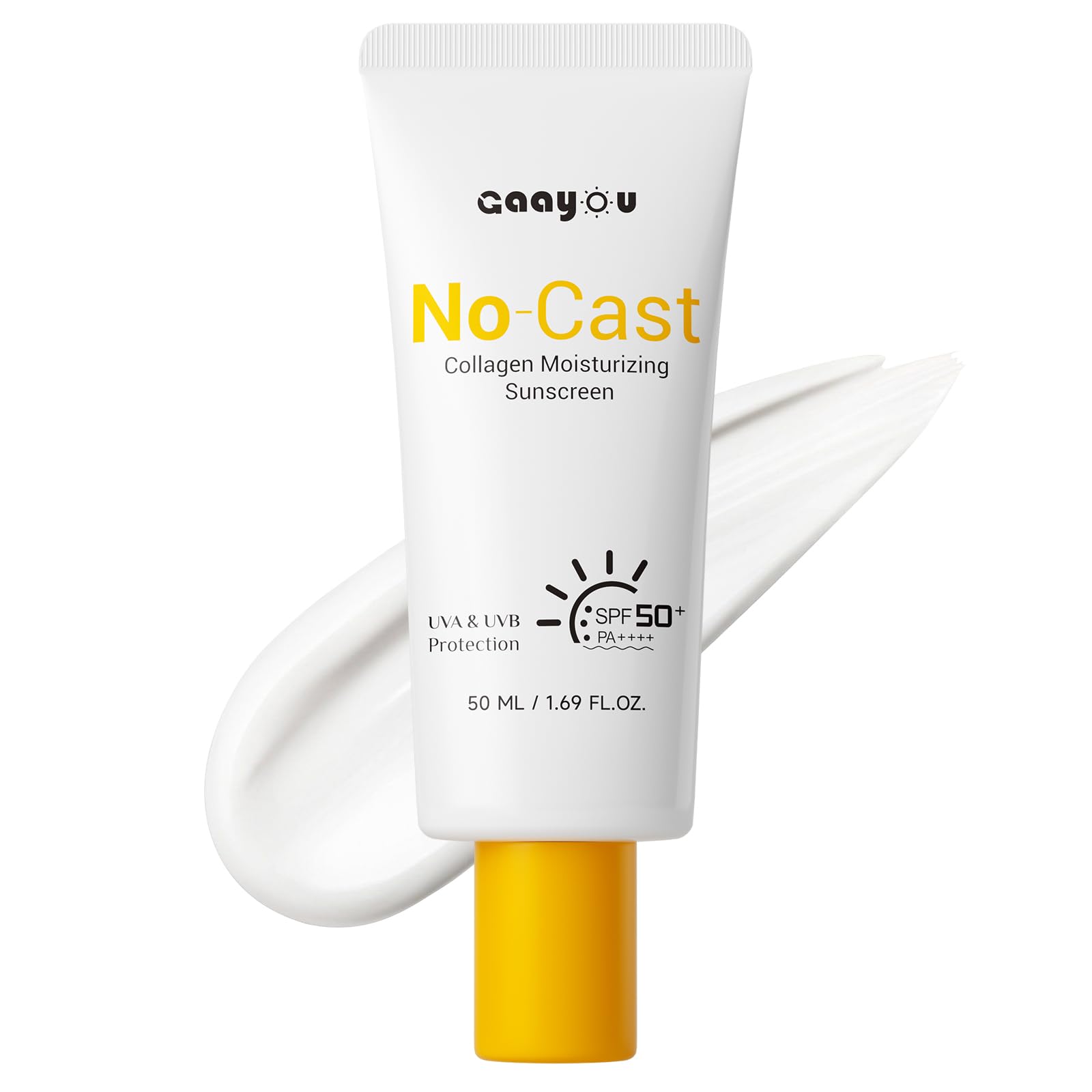 No Cast Moisturizing Sunscreen SPF50 PA++++ Collagen Facial Sunscreen Korean Sunscreen with Hyaluronic Acid, Oil Free, No White 