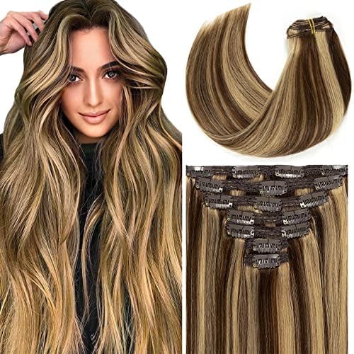 Loxxy Clip In Human Hair Extensions Natural Hair Chocolate Brown Mixed with Light Golden Brown 7Pieces 120g Double Weft Extensio