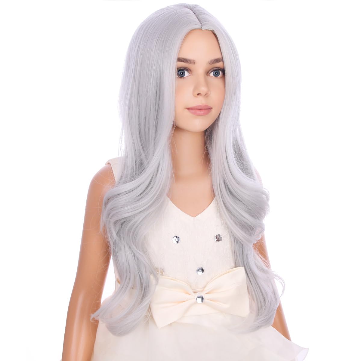 Pattnium Silver Gray Wig For Kids Girls Long Curly Wavy Gray Wig Child Middle Part Synthetic Wig With Wig Cap