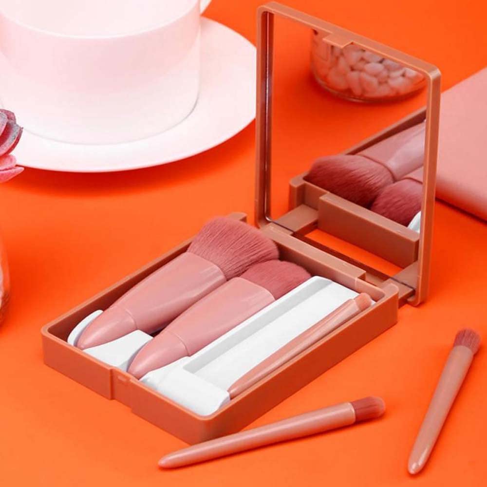Easy-Taken Travel Makeup Brush Set, Coshine 5Pcs Mini Complete Function Cosmetic Brushes Kit (5Pcs With Mirror)