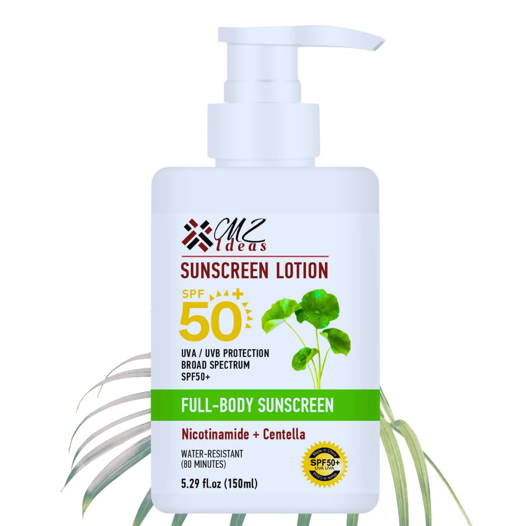 MZ Ideas FullBody Sunscreen Lotion, SPF 50+, Broad Spectrum UVA/UVB Protection with Niacinamide, Centella, WaterResistant, 5.2