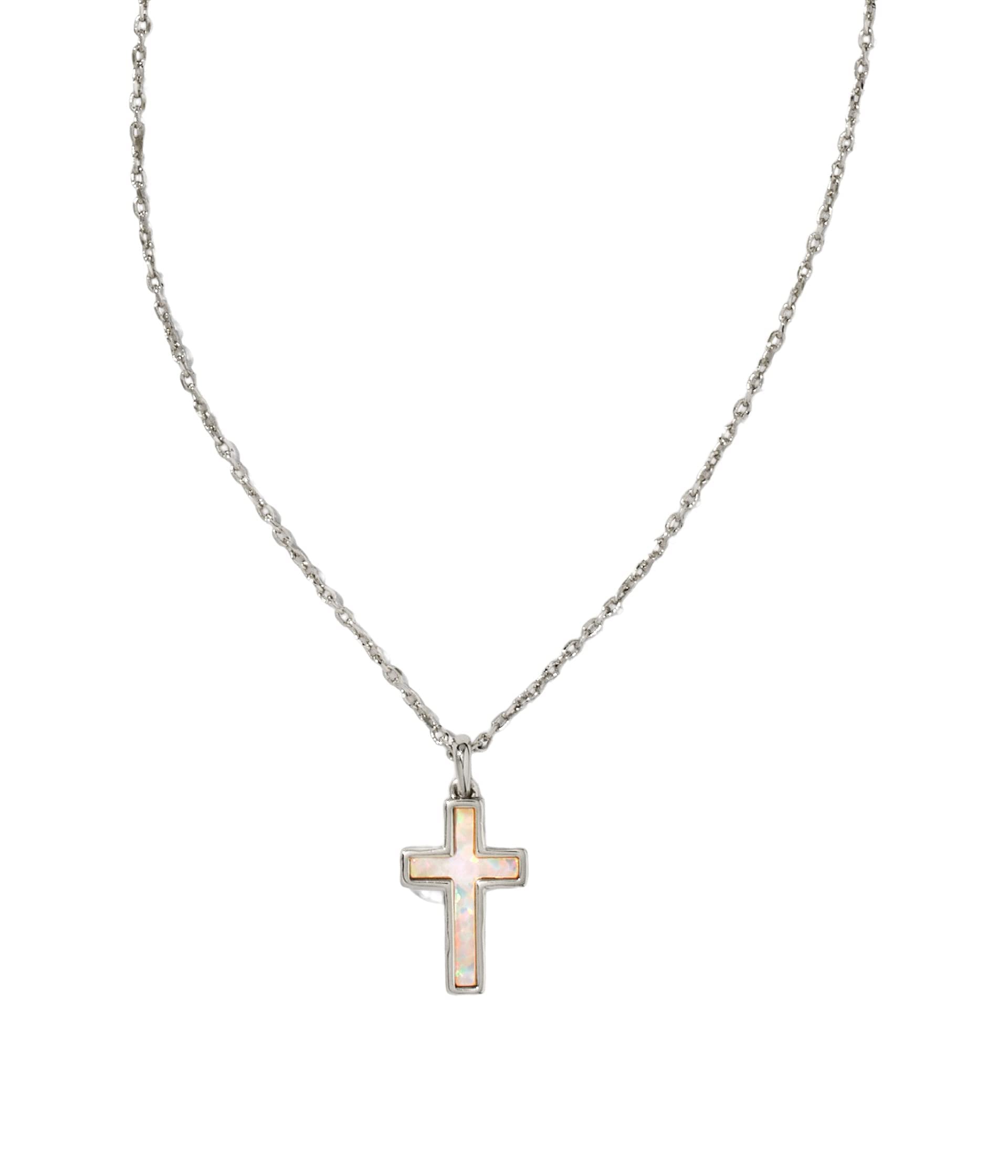 Kendra Scott Cross Pendant Necklace for Women, Fashion Jewelry, Rhodium-Plated, White Opal