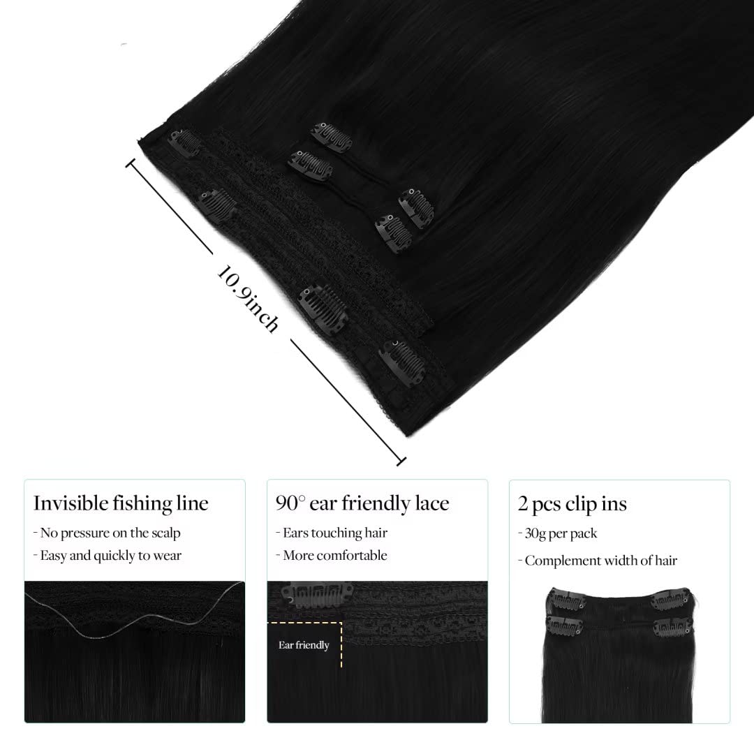 Doores Wire Hair Extensions, 14 Inch 105G Wire Hair Extensions Jet Black, Real Hair Wire Hair Invisible Line Hair Extensions Str