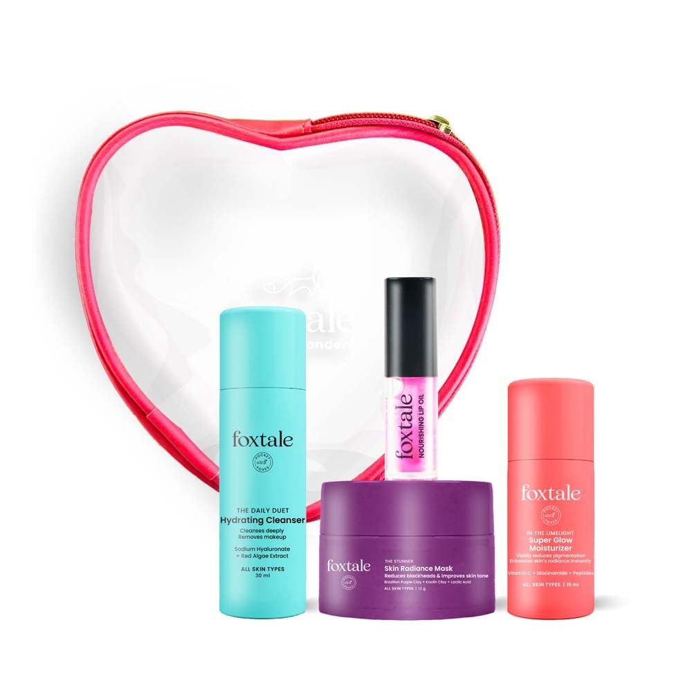 Foxtale Glow On Heartbeat Skincare Gift Set | Hydrating Cleanser, Tan-Removing Face Mask, Nourishing Lip Oil & Free Heart-Shaped