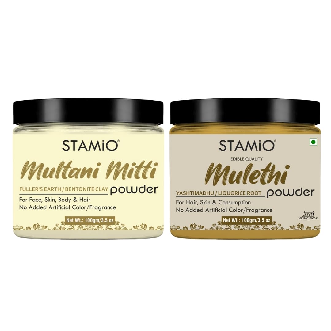 Stamio Skin Care 2 Powders Combo  Multani Mitti And Mulethi Powder For Face Pack, Hair, Mask, Acne, Pimples, Tanning | Natural 