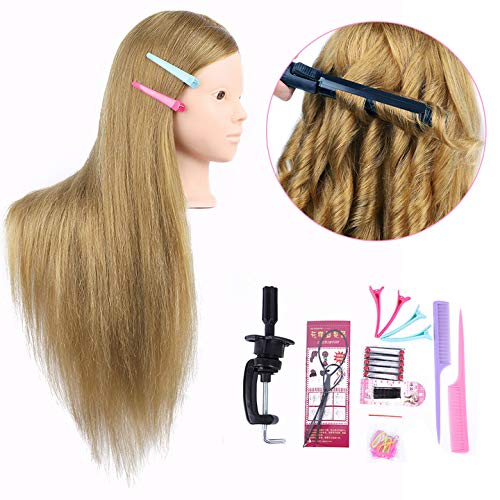 MEDO Mannequin Head 26 Inch With 50% Real Hair Brown Practice Training Head Synthetic Long Straight Hair Dresser Training Head D