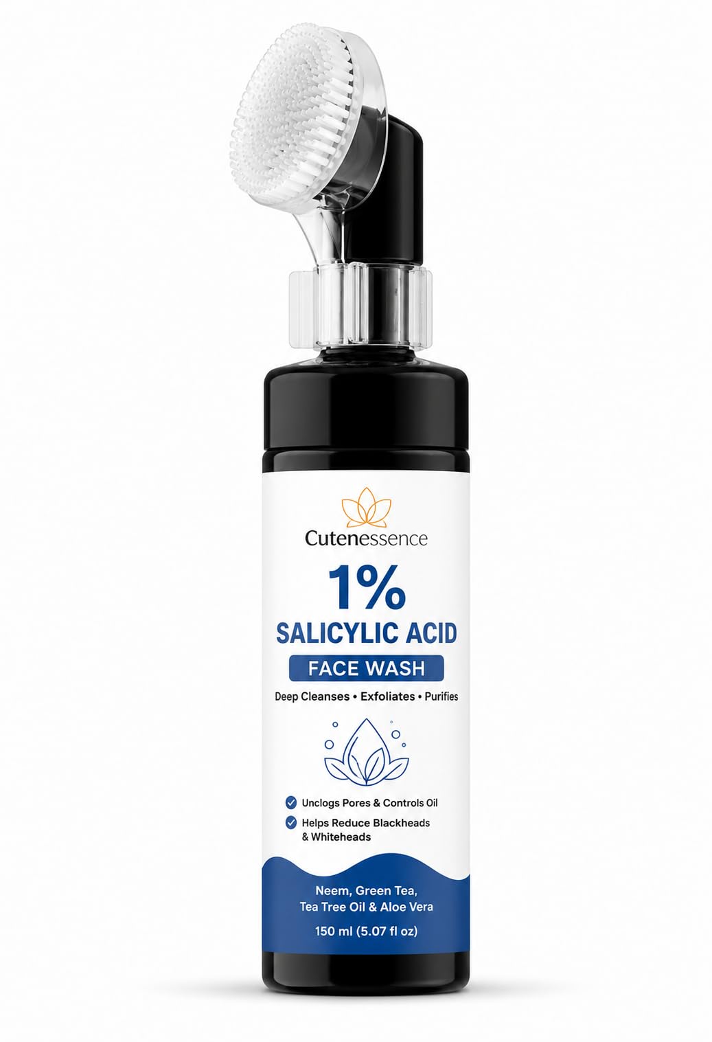 Cutenessence 1% Salicylic Acid Face Wash With BuiltIn Silicone Brush Applicator, Foam Formula, 150 Ml, Neem, Green Tea, Tea Tre