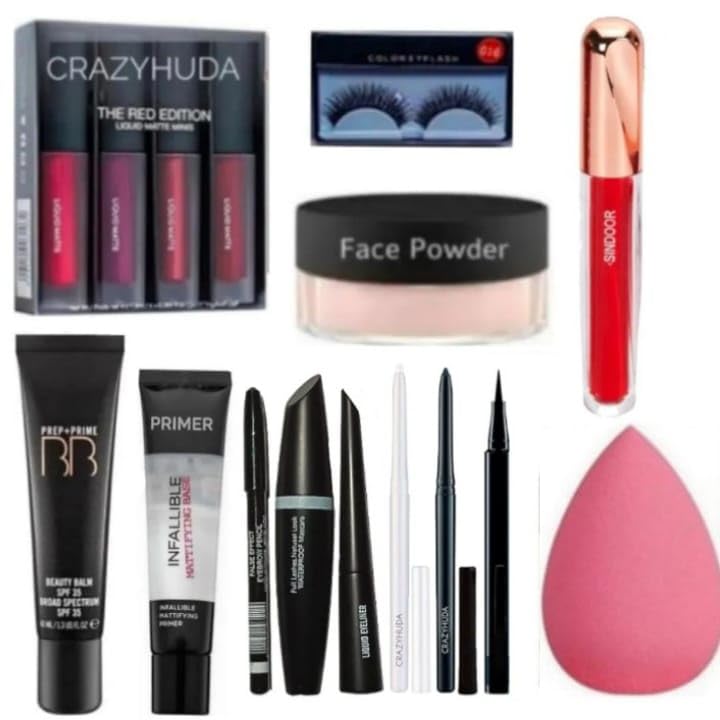 Crazy Huda Makeup Set Including Lipstick, False Eyelashes, Liquid Sindoor, Compact Face Powder, Bb Prep + Primer, Kajal, Mascara