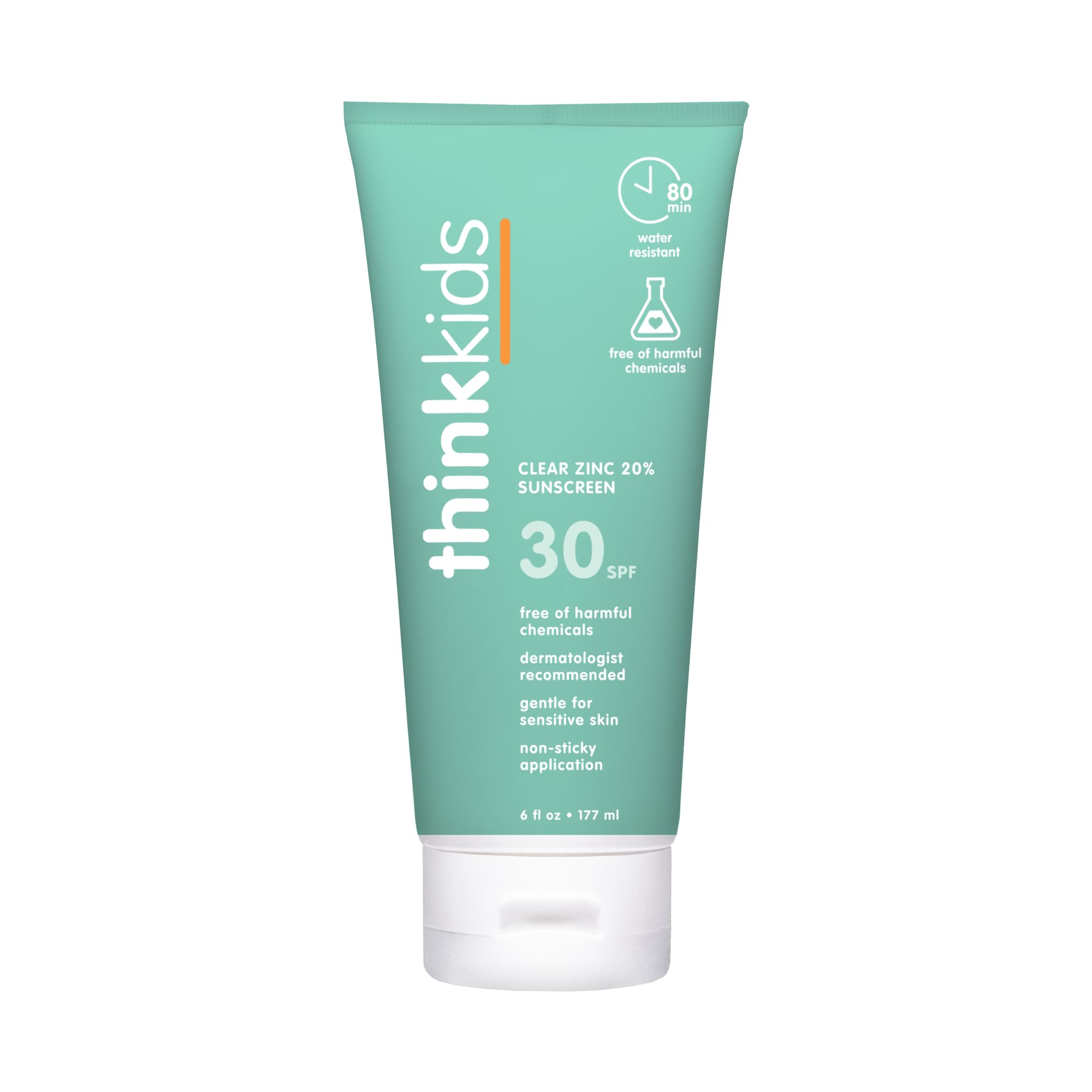 Thinkkids Mineral Sunscreen, SPF 30 Clear Zinc Oxide Sunscreen, 6 Fl Oz, Natural, Water Resistant Reef Safe Sunscreen for Kids, 