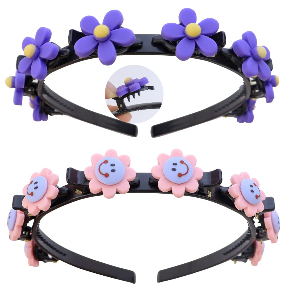 TCOTBE 2 Pack Cute Double Layer Braided Headbands with Clips Double Bangs Cartoon Twist Plait Hairbands Hollow Woven Headband Sw