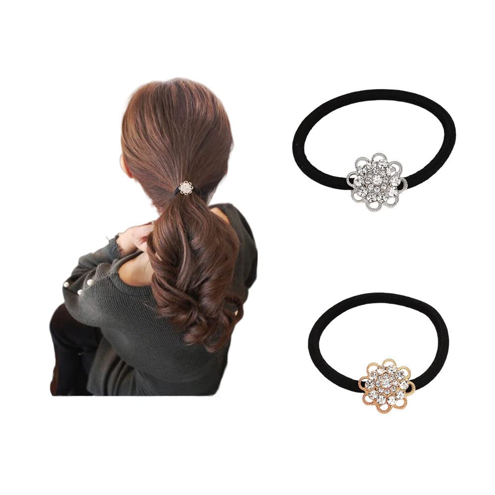 LOVEF 2 Pcs Korean Style Hair Jewelry Gold Plated Crystal Rhinestone Flower Elastic Ponytail Holder Hair Tie Rope Band Ring Rubb