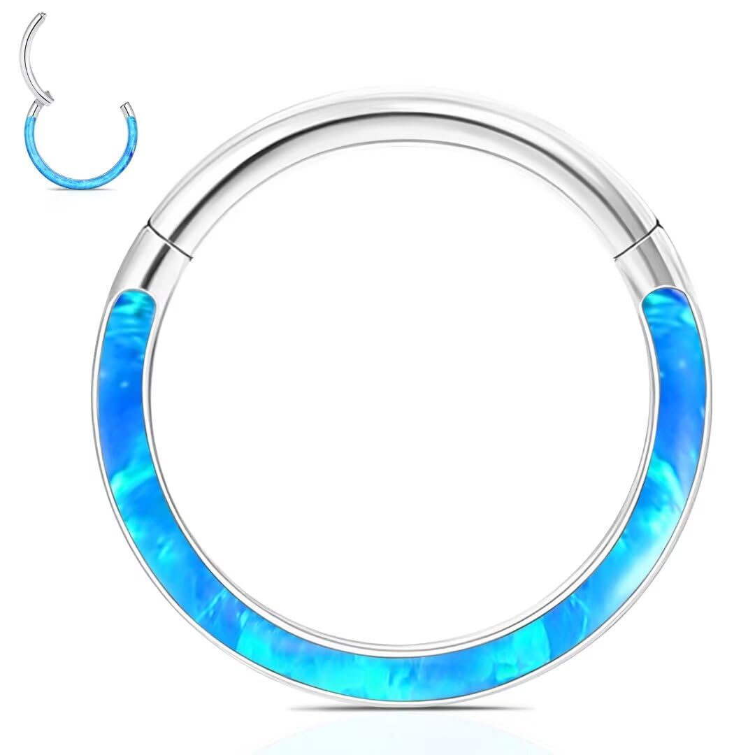 WBRWP 316L Stainless-Steel Flat-Piercing-Ring Hinged Nose-Rings-Hoop with Blue Opal 16G(1.2mm) Body Pierecing Ring Segment Click