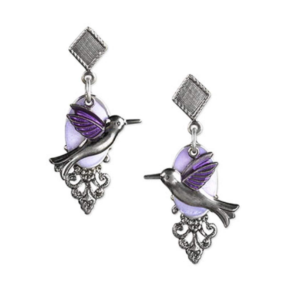 Silvertone Hummingbird Oval Purple Textured Filigree Earrings on Surgical Steel Ear Wires